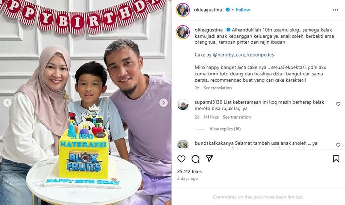 Okie Agustina dan Gunawan Dwi Cahyo kompak rayakan ulang tahun anak bersama