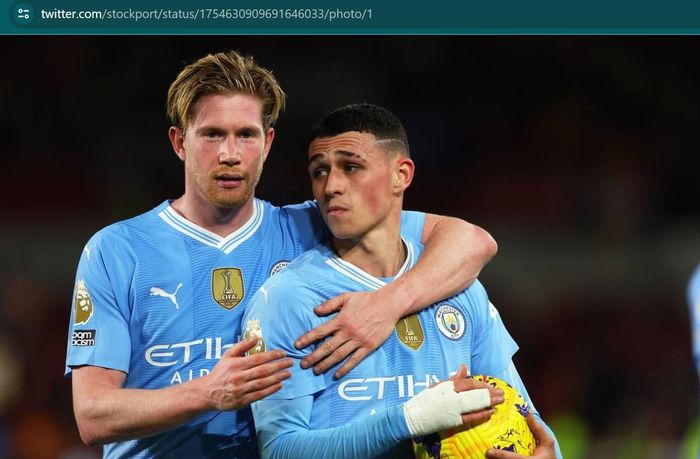 Momen Kevin De Bruyne merayakan hat-trick Phil Foden saat Man City menang 3-1 atas Brentford dalam lanjutan Liga Inggris 2023-2024.