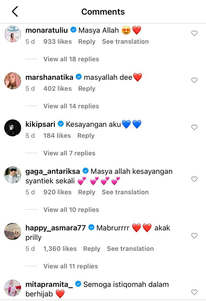 Tangkapan layar komentar  netizen di instagram Prilly Latuconsina. 