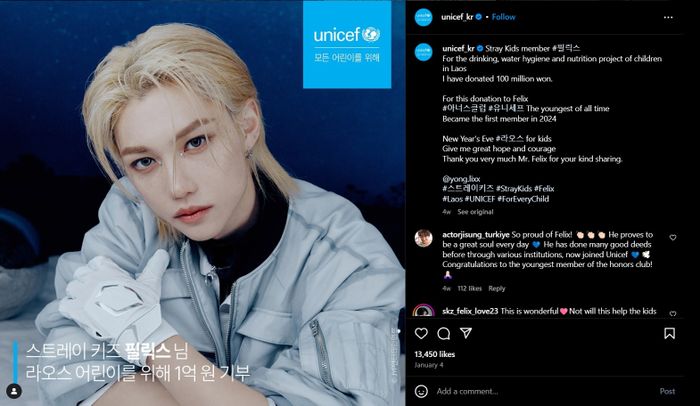 Unggahan UNICEF Korea yang memberitakan Felix Stray Kids berpartisipasi dalam aksi sukarelawan di Laos