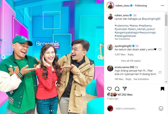 Restui Ayu Ting Ting Dilamar Lettu Muhammad Fardhana, Ruben Onsu Kirim Pesan Manis Ini Buat sang Sahabat