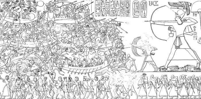 Mural yang menunjukkan kemenangan Ramses III atas Orang-orang Laut, sekitar tahun 1190 SM.