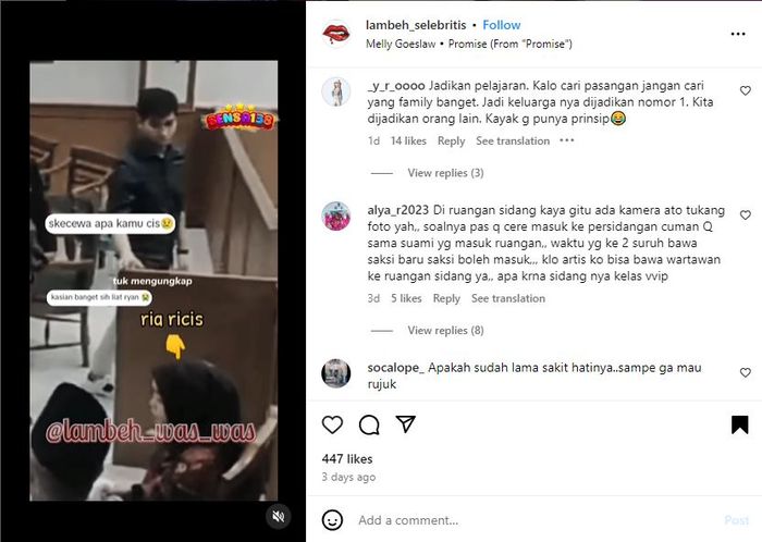Momen Ria Ricis Cuekin dan Tak Tengok Teuku Ryan di Momen Sidang Perceraian Disorot, Netizen Beri Komentar Ini
