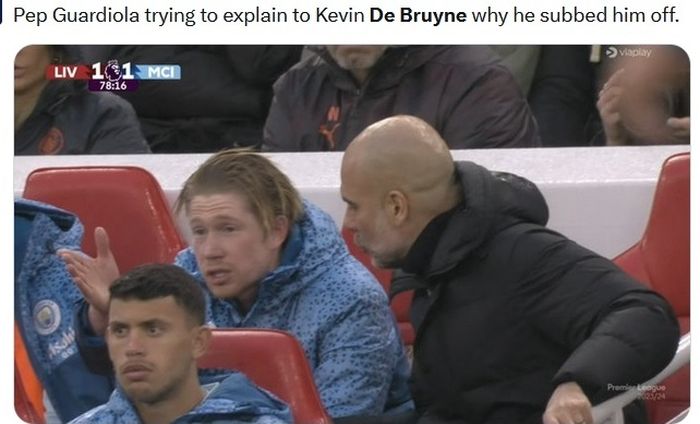 Kevin De Bruyne dan Pep Guardiola tmapak berdebat dalam laga di kandang Liverpool.