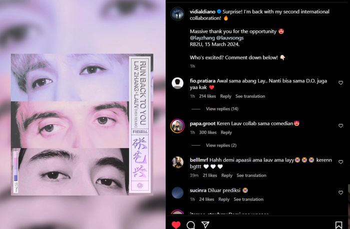 Postingan Vidi Aldiano yang mengabarkan adanya kolaborasi bersama Lay EXO dan Lauv
