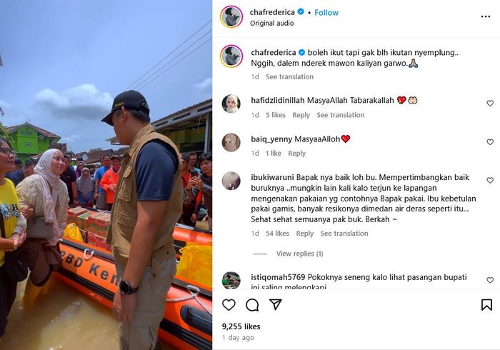 Chacha Frederica dan suaminya, Dico Ganinduto, ke lokasi pengungsian banjir di wilayah Kendal, Jawa Tengah