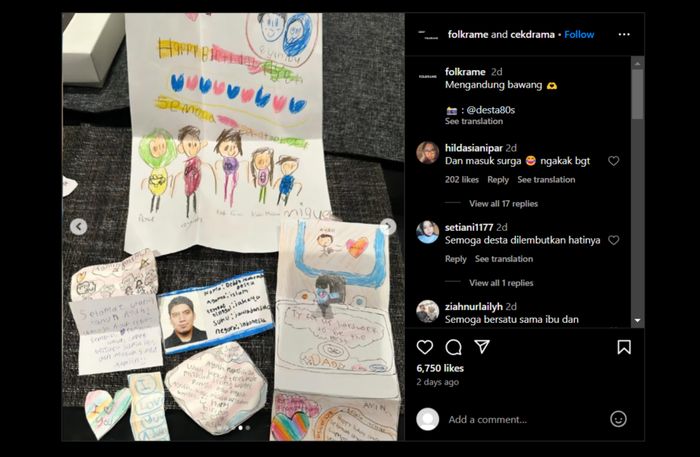 Unggahan surat dari ketiga buah hati Desta di momen ulang tahunnya.