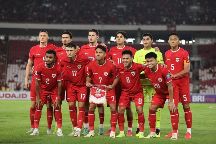Skuad timnas Indonesia saat menghadapi Vietnam pada matchday ketiga Kualifikasi Piala Dunia 2026 Zona Asia di Stadion Utama Gelora Bung Karno (SUGBK), Jakarta, Kamis (21/3/2024).
