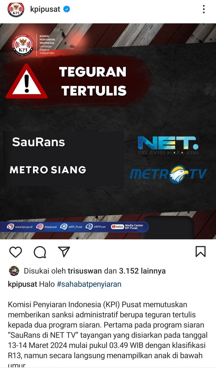 Program Sahur Raffi Ahmad, SauRans kena tegur Komisi Penyiaran Indonesia (KPI).    