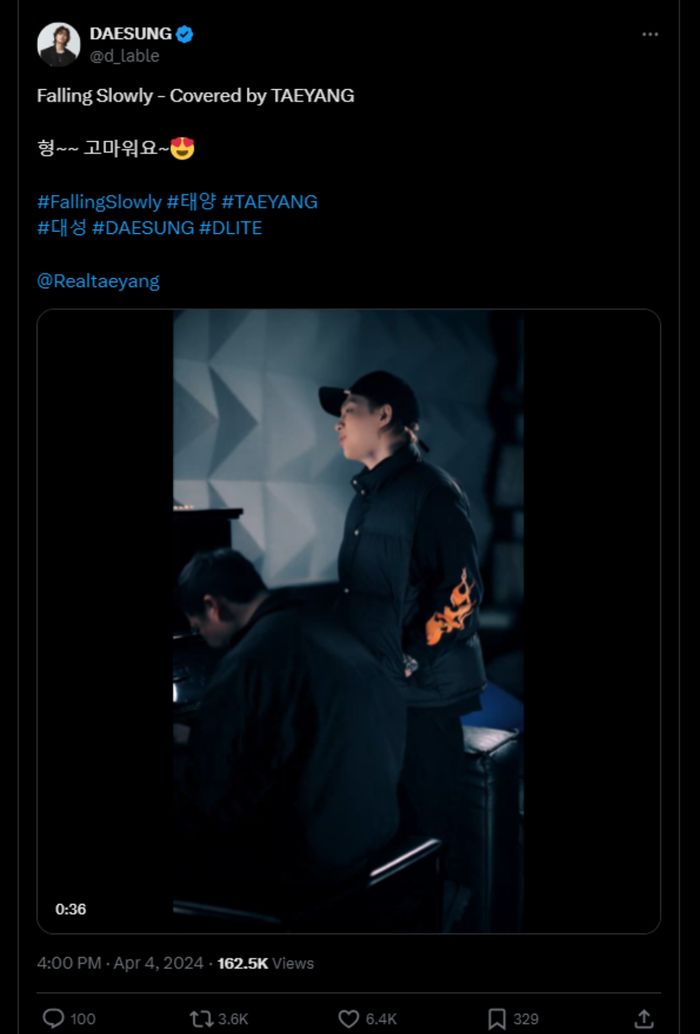 Unggahan Daesung memperlihatkan Taeyang sedang membawakan lagu barunya