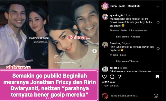 Makin Berani Go Public, Begini Kedekatan Jonathan Frizzy dan Ririn Dwi Ariyanti, Netizen: Diketawain Mantan