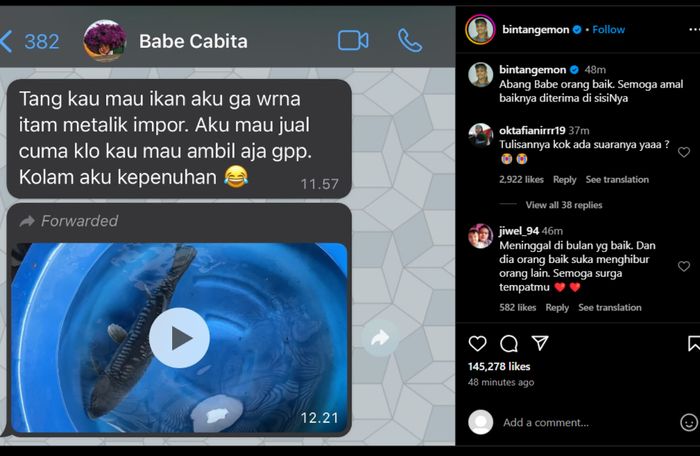Unggahan Bintang Emon yang menceritakan kebaikan Babe Cabita.