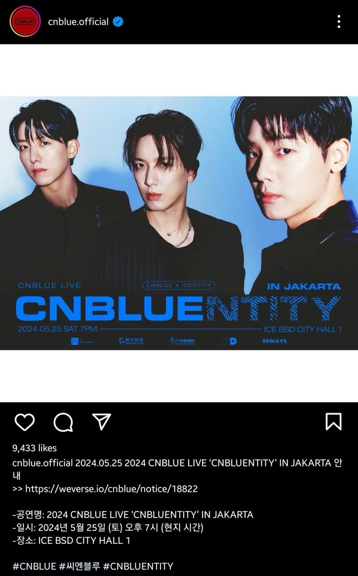 CNBLUE, mengumumkan akan gelar konser di Jakarta yang bertajuk 2024 CNBLUE LIVE &lsquo;CNBLUENTITY&rsquo; IN JAKARTA.