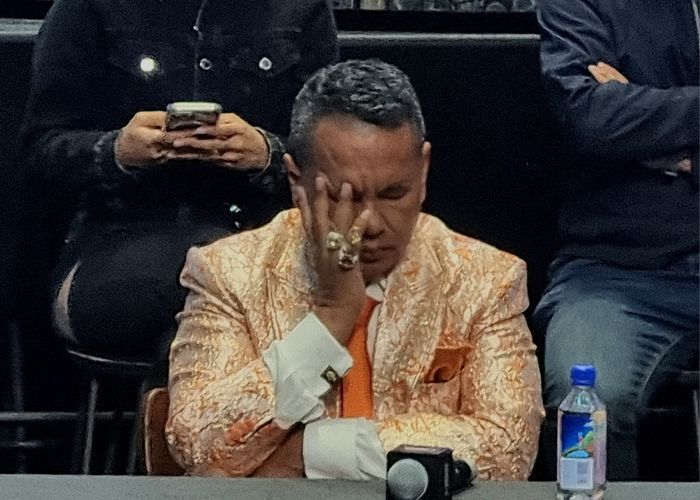 Hotman Paris di konferensi pers HSS 5 di SCBD, Jakarta Selatan, Rabu (17/4/2024).