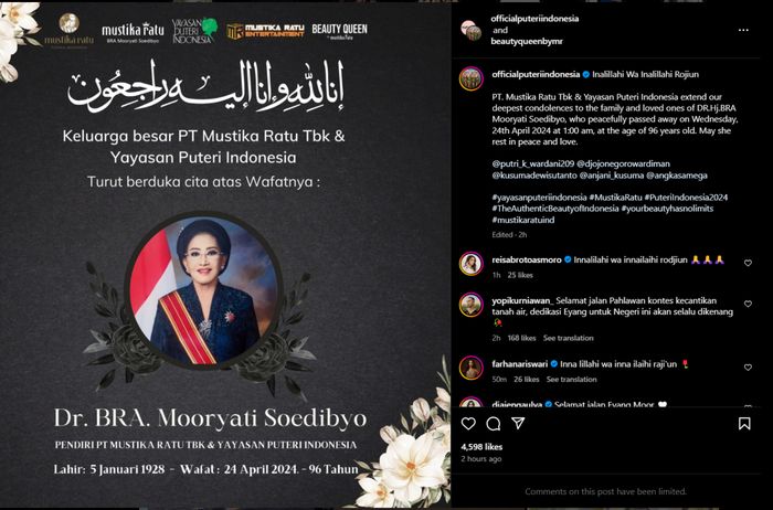 Berita duka yang mengabarkan Mooryati Soedibyo tutup usia