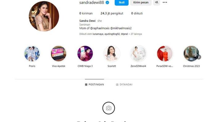 Akun Instagram Sandra Dewi muncul lagi, ada banyak perubahan   