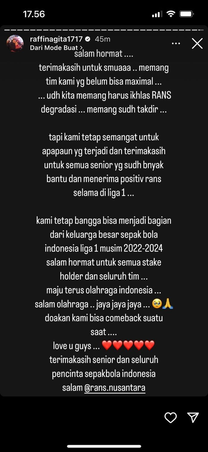 Unggahan Raffi Ahmad usai RANS Nusantara FC terdegradasi ke Liga 2, Selasa (30/4/2024).