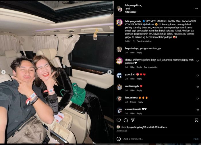 Unggahan Felicya Angelista pamerkan momen romantis bersama Caesar Hito usai nonton konser IU di Jakarta