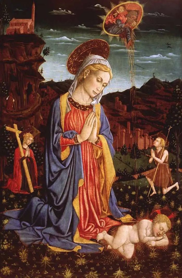 Madonna Memuja Anak Kristus oleh Giovanni Francesco da Rimini, sekitar 1460.