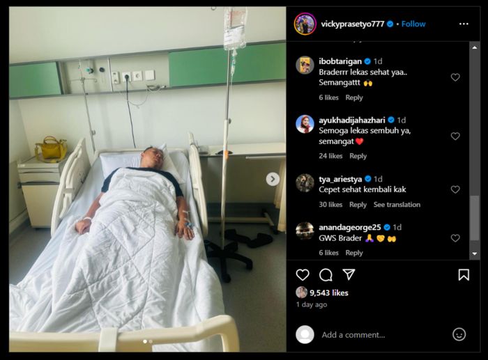 Unggahan Vicky Prasetyo yang mengabarkan dirinya tengah terbaring sakit 
