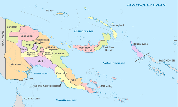 Peta Papua New Guinea atau Papua Nugini, satu-satunya negara bernama Guinea yang tidak berlokasi di Afrika.