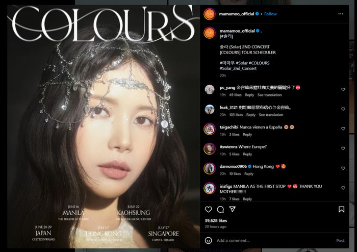 Postingan Instagram girl grup MAMAMOO yang mengabarkan Solar akan lakukan tour konser di Asia