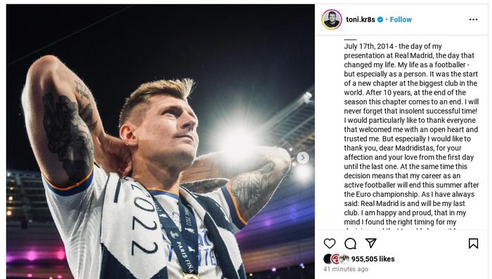 Gelandang Real Madrid, Toni Kroos mengungkapkan rencana pensiun setelah Euro 2024 via Instagram.