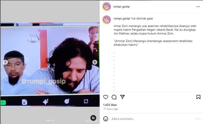 Ammar Zoni menangis mendengar kabar permohonan rehabilitasi dikabulkan.