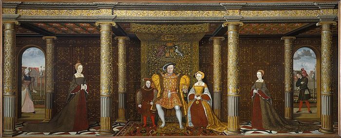 Potret Henry VIII dan keluarganya sekitar tahun 1545. Putri raja, Mary (kiri) dan Elizabeth (kanan), muncul di sayap lukisan, sementara putranya, Edward, dan istri ketiganya, Jane Seymour, berdiri di kedua sisinya.