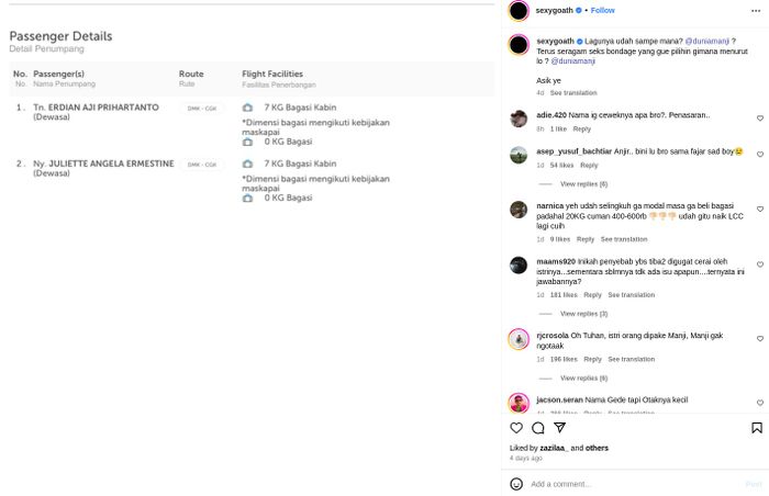 Sexy Goath unggah foto tiket pesawat yang diduga jadi bukti perselingkuhan Anji dengan istrinya.