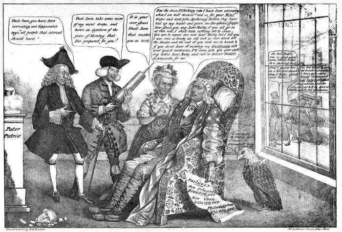 Cetakan tahun 1837 yang menunjukan Paman Sam mengenakan topi Phrygian.