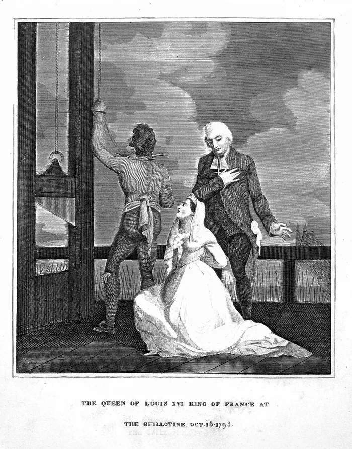 Marie Antoinette, Ratu Prancis, berlutut di depan alat eksekusi guillotine pada hari eksekusi matinya, Oktober 1793.