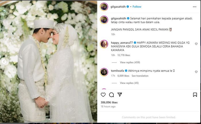 Gilga Sahid bagikan foto pernikahannya dengan Happy Asmara.