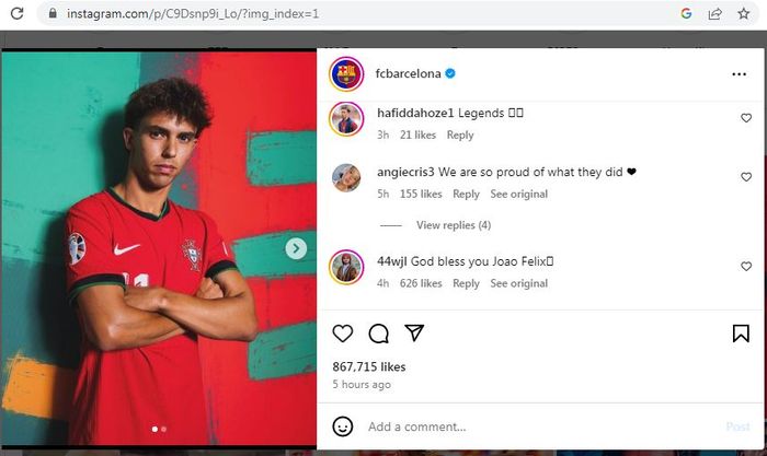 Kolom komentar dalam postingan Instagram Barcelona yang menampilkan foto Joao Felix usai Timnas Portugal di Euro 2024.