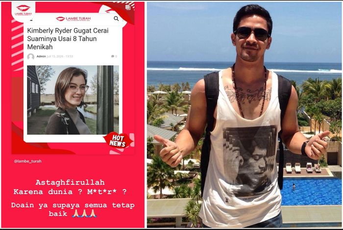 Kolase foto Edward Akbar dan Story Instagram pribadinya usai digugat cerai Kimberly Ryder. 