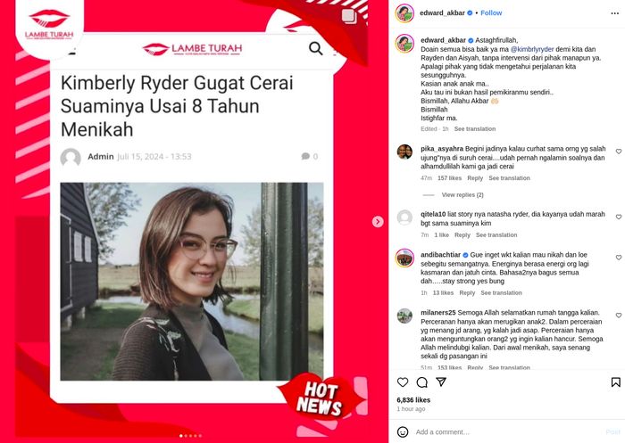 Unggahan Edward Akbar  tentang berita gugatan cerai Kimberly Ryder