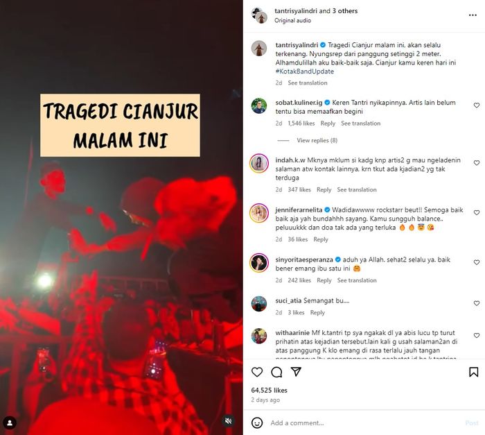 Tantri Kotak terjatuh dari panggung setinggi 2 meter di Cianjur.