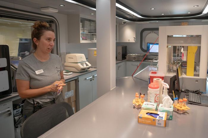 Di ruang laboratorium kering itulah Larissa Frühe biasa bekerja. Sebagai Residence Scientist di OceanX, Larissa mengelola program genomik di kapal OceanXplorer.