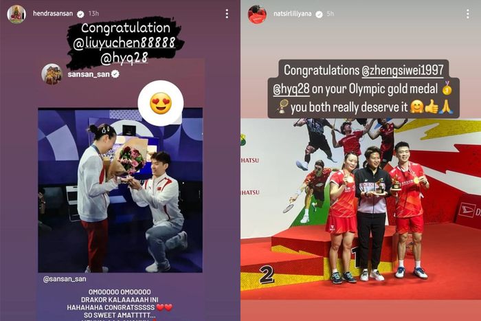 Kolase Instagram Story dari Hendra Setiawan dan Liliyana Natsir yang berisi ucapan selamat kepada Huang Ya Qiong.