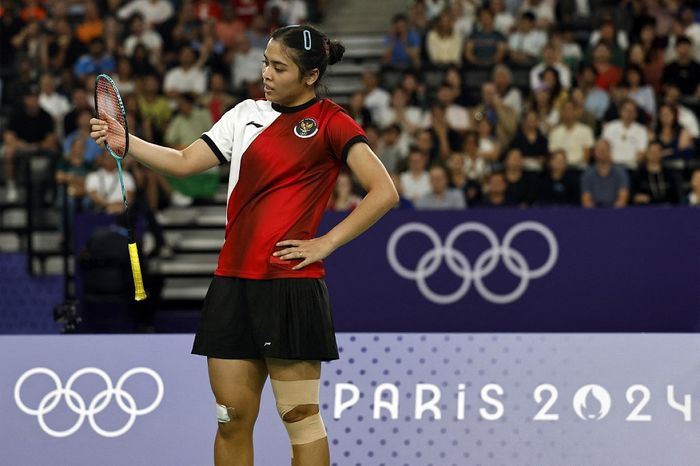 Reaksi tunggal putri Indonesia, Gregoria Mariska Tunjung, saat tampil pada semifinal Olimpiade Paris 2024 di Paris, Prancis, 4 Agustus 2024.