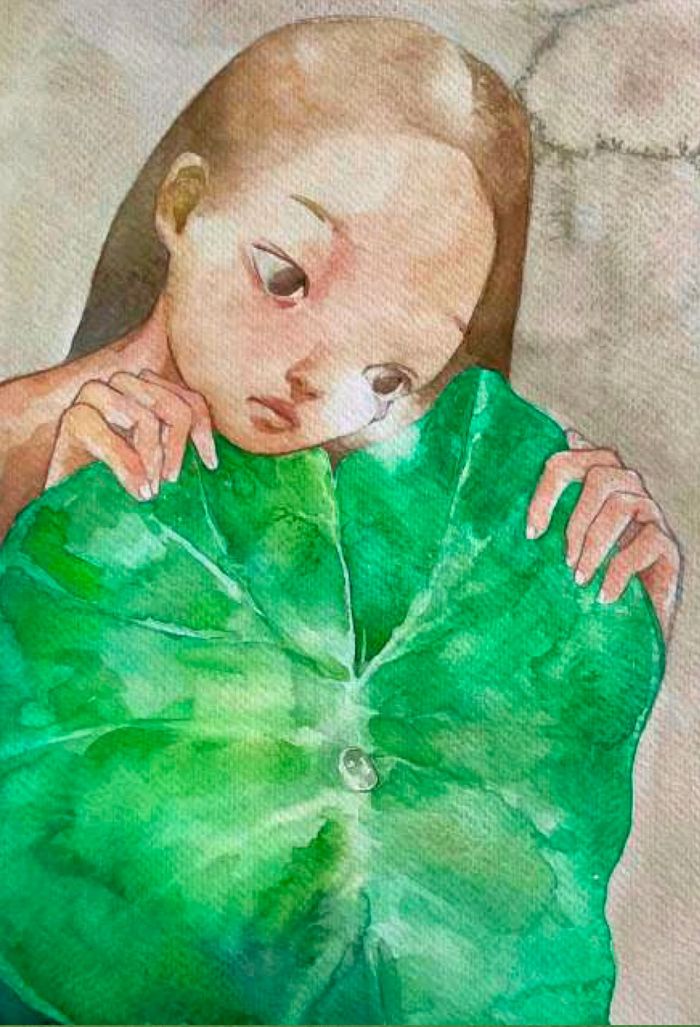 Lukisan 'Air di Atas Daun Talas', karya Alodia pada 2024. Dalam pameran ini ia merefleksikan pengalaman subyektifnya sebagai perempuan.