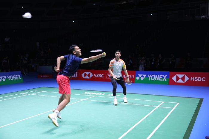 Ganda putra Indonesia, Fajar Alfian/Muhammad Rian Ardianto berlatih di Yokohama Arena jelang Japan Open 2024