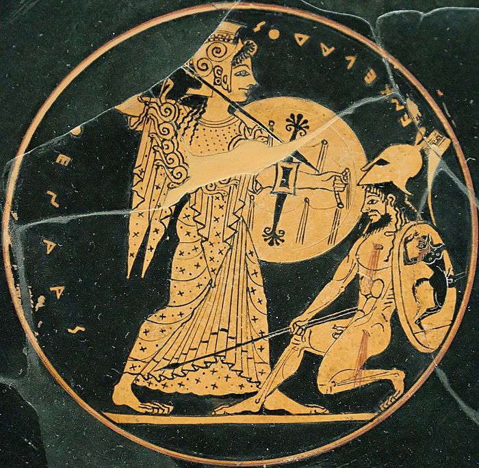 Dalam karya Euripides lainnya, Ion, penyair menyajikan versi tradisional mitos tersebut. Dikisahkan jika Athena mengacungkan tombaknya ke arah Enceladus. 