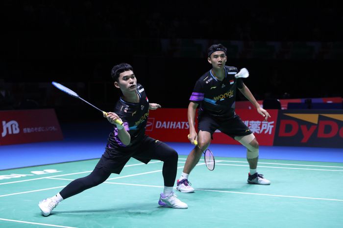 Pasangan ganda putra Indonesia, Leo Rolly Carnando/Bagas Maulana saat beraksi pada babak perempat final Japan Open 2024 di Yokohama Arena, Kanagawa, Jepang, JUmat (23/8/2024).