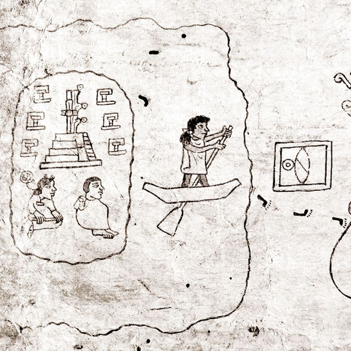 Penggambaran keberangkatan Aztlán dari sebuah pulau dalam Codex Boturini abad ke-16. Aztlán juga digambarkan sebagai sebuah pulau dalam kodeks Aubin dan Azcatitlan.