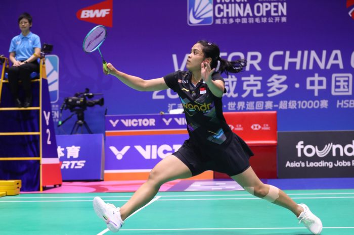 Aksi Gregoria Mariska Tunjung saat bermain pada babak 32 besar China Open 2024 di Changzhou Olympic Sport Center Gymnasium, Changzhou, China, pada Rabu (18/9/2024).