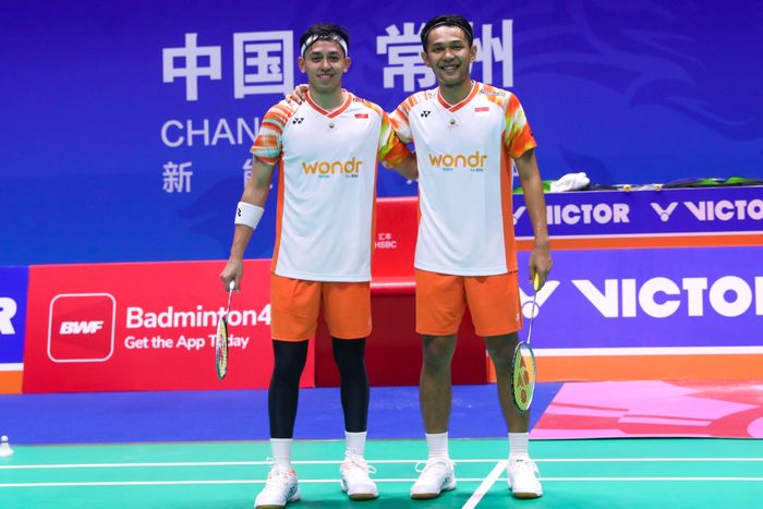 Selebrasi ganda putra Indonesia, Fajar Alfian/Muhammad Rian Ardianto pada babak pertama China Open 2024, Rabu (18/9/2024)