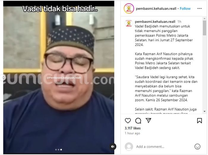 Razman ungkap alasan Vadel tak hadir panggilan polisi.