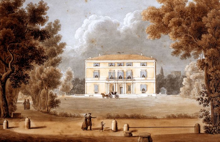 Pemandangan Kasino dan taman Villa Paolina dari sisi Porta Pia karya Giovanni Riveruzzi, 1828, yang digambar dengan cat air di atas kertas. Villa ini milik Paolina Bonaparte, saudara perempuan Napoleon, yang dibangun pada abad ke-17 dari pengaruh vila zaman Romawi Kuno.