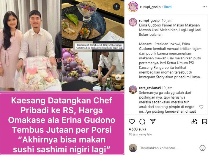 Aksi Erina Gudono makan sushi sashimi di rumah sakit usai melahirkan tuai hujatan